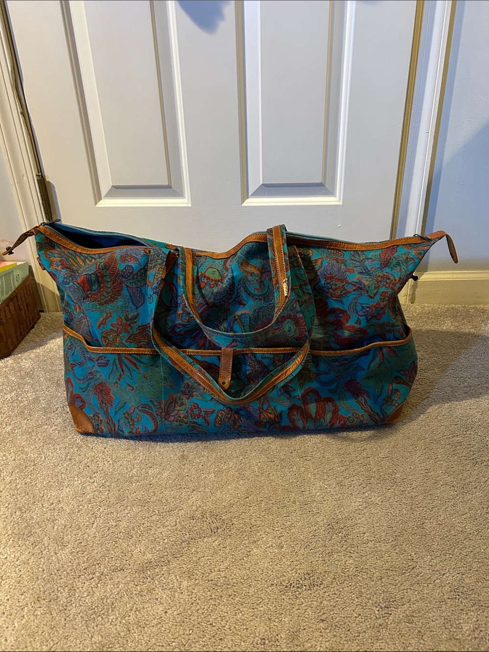 Turquoise Floral Travel Tote with Brown Trim